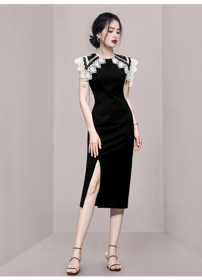 レース襟ワンピース ワンピース ワンピドレス 膝丈 ひざ丈 袖なし ノースリーブ ラウンドネック 襟付き スリム タイト 細身 Iライン レース スリット かわいい 大人可愛い きれいめ シンプル