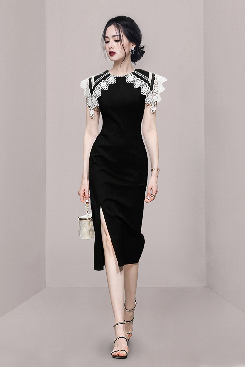 レース襟ワンピース ワンピース ワンピドレス 膝丈 ひざ丈 袖なし ノースリーブ ラウンドネック 襟付き スリム タイト 細身 Iライン レース スリット かわいい 大人可愛い きれいめ シンプル