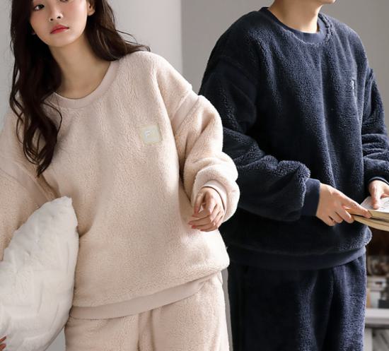 ルームウェア パジャマ 部屋着 レディース メンズ お揃い ペアルック 男女 色違い 2点セット 上下 パンツ ズボン プルオーバー 秋 冬 長袖 可愛い かわいい おしゃれ ウエストゴム 厚手 暖か