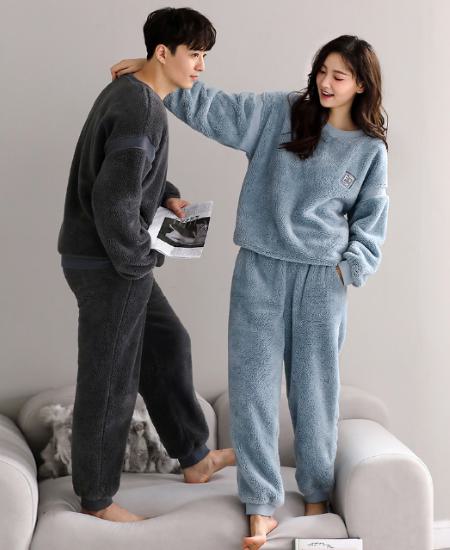 ルームウェア パジャマ 部屋着 レディース メンズ お揃い ペアルック 男女 色違い 2点セット 上下 パンツ ズボン プルオーバー 秋 冬 長袖 可愛い かわいい おしゃれ ウエストゴム 厚手 暖か