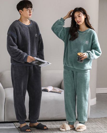 ルームウェア パジャマ 部屋着 レディース メンズ お揃い ペアルック 男女 色違い 2点セット 上下 パンツ ズボン プルオーバー 秋 冬 長袖 可愛い かわいい おしゃれ ウエストゴム 厚手 暖か