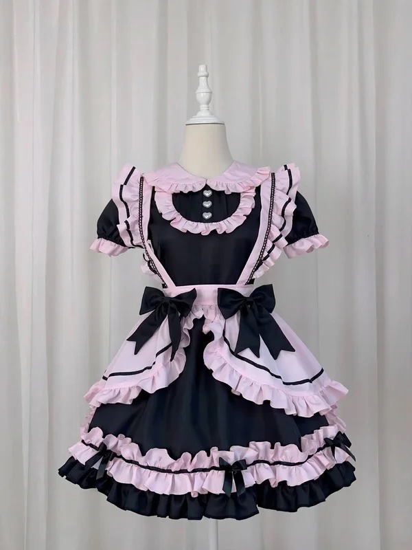 女性のためのゴシックキャラクタースタイルのドレス,半袖,フリル付き,ピンク,黒 女性のためのゴシックキャラクタースタイルのドレス,半袖,フリル付き,ピンク,黒