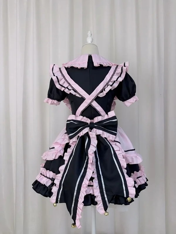 女性のためのゴシックキャラクタースタイルのドレス,半袖,フリル付き,ピンク,黒 女性のためのゴシックキャラクタースタイルのドレス,半袖,フリル付き,ピンク,黒