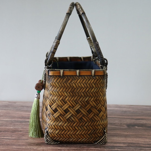 休闲竹编包 竹製手提げバッグ 手織りかごバッグ アンティーク 竹