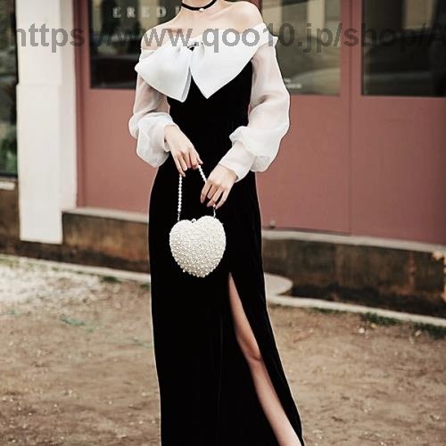パーティードレス韓国イブニングドレスロングドレスドレスワンピースレディース大人ロング白黒長袖袖ありお呼ばれ着痩せ大きいサイズフォーマル結婚式二次会成人式パーティー可愛いオルチャン披露宴シースルーホワイ