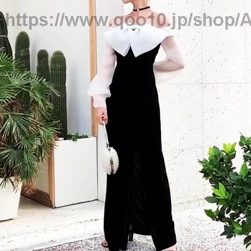 パーティードレス韓国イブニングドレスロングドレスドレスワンピースレディース大人ロング白黒長袖袖ありお呼ばれ着痩せ大きいサイズフォーマル結婚式二次会成人式パーティー可愛いオルチャン披露宴シースルーホワイ
