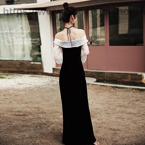 パーティードレス韓国イブニングドレスロングドレスドレスワンピースレディース大人ロング白黒長袖袖ありお呼ばれ着痩せ大きいサイズフォーマル結婚式二次会成人式パーティー可愛いオルチャン披露宴シースルーホワイ