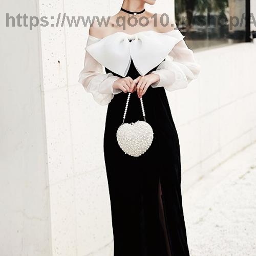 パーティードレス韓国イブニングドレスロングドレスドレスワンピースレディース大人ロング白黒長袖袖ありお呼ばれ着痩せ大きいサイズフォーマル結婚式二次会成人式パーティー可愛いオルチャン披露宴シースルーホワイ