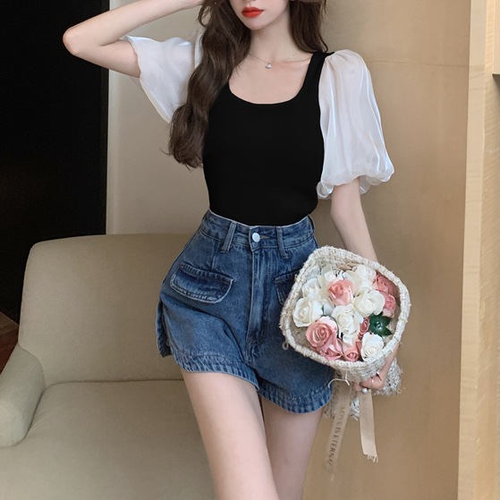 トップス レディース カットソー 個性的 春服 夏服 2色 袖あり パフスリーブ ぽわん袖 Uネック シフォン インスタ映え モテ 流行 トレンド 格上げ ブラック ホワイト S M L シ