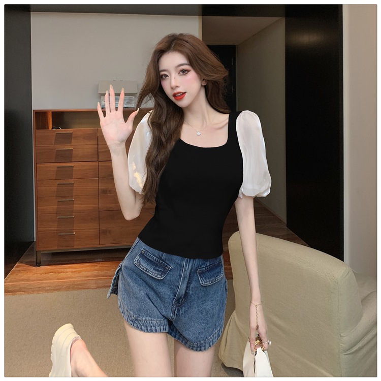 トップス レディース カットソー 個性的 春服 夏服 2色 袖あり パフスリーブ ぽわん袖 Uネック シフォン インスタ映え モテ 流行 トレンド 格上げ ブラック ホワイト S M L シ