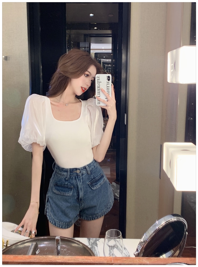 トップス レディース カットソー 個性的 春服 夏服 2色 袖あり パフスリーブ ぽわん袖 Uネック シフォン インスタ映え モテ 流行 トレンド 格上げ ブラック ホワイト S M L シ