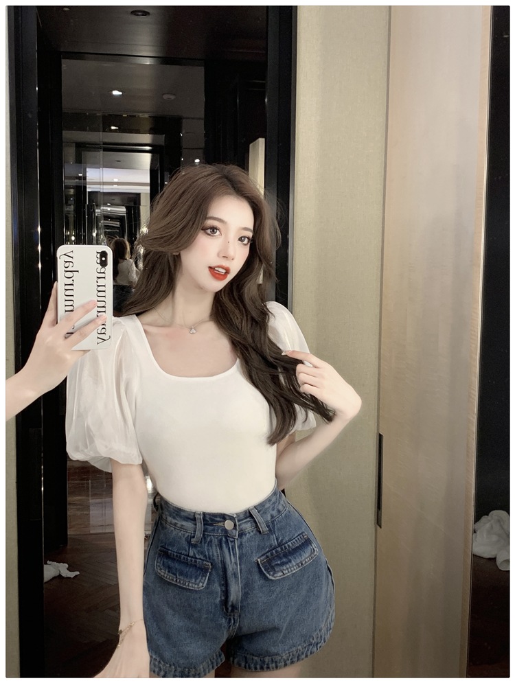 トップス レディース カットソー 個性的 春服 夏服 2色 袖あり パフスリーブ ぽわん袖 Uネック シフォン インスタ映え モテ 流行 トレンド 格上げ ブラック ホワイト S M L シ