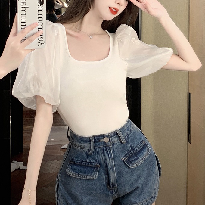 トップス レディース カットソー 個性的 春服 夏服 2色 袖あり パフスリーブ ぽわん袖 Uネック シフォン インスタ映え モテ 流行 トレンド 格上げ ブラック ホワイト S M L シ