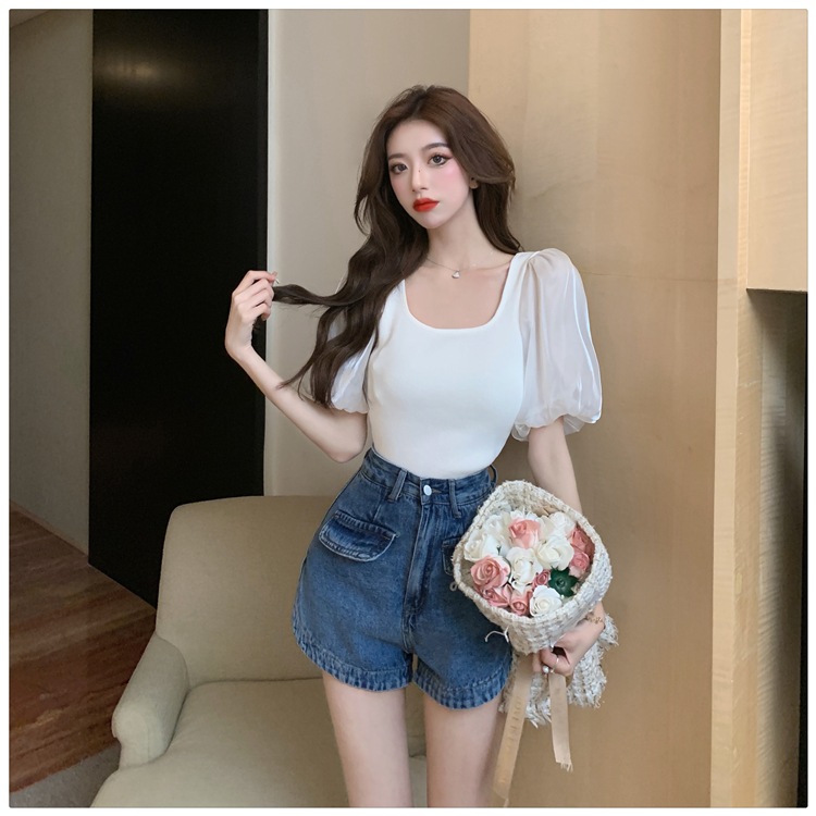 トップス レディース カットソー 個性的 春服 夏服 2色 袖あり パフスリーブ ぽわん袖 Uネック シフォン インスタ映え モテ 流行 トレンド 格上げ ブラック ホワイト S M L シ