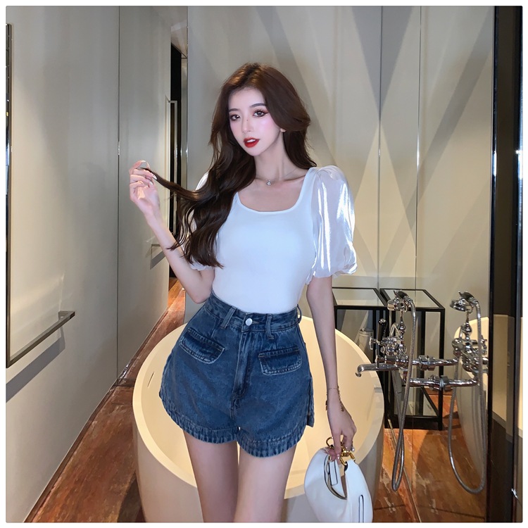 トップス レディース カットソー 個性的 春服 夏服 2色 袖あり パフスリーブ ぽわん袖 Uネック シフォン インスタ映え モテ 流行 トレンド 格上げ ブラック ホワイト S M L シ