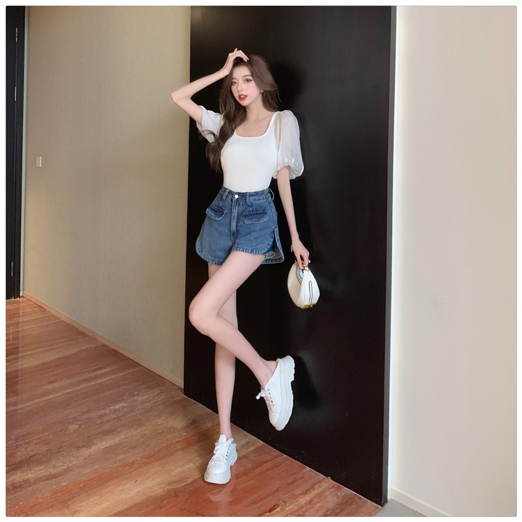 トップス レディース カットソー 個性的 春服 夏服 2色 袖あり パフスリーブ ぽわん袖 Uネック シフォン インスタ映え モテ 流行 トレンド 格上げ ブラック ホワイト S M L シ