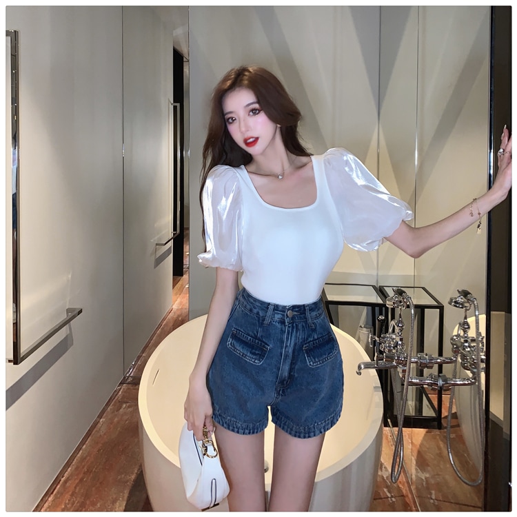 トップス レディース カットソー 個性的 春服 夏服 2色 袖あり パフスリーブ ぽわん袖 Uネック シフォン インスタ映え モテ 流行 トレンド 格上げ ブラック ホワイト S M L シ