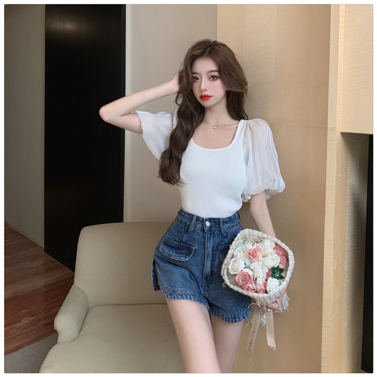 トップス レディース カットソー 個性的 春服 夏服 2色 袖あり パフスリーブ ぽわん袖 Uネック シフォン インスタ映え モテ 流行 トレンド 格上げ ブラック ホワイト S M L シ