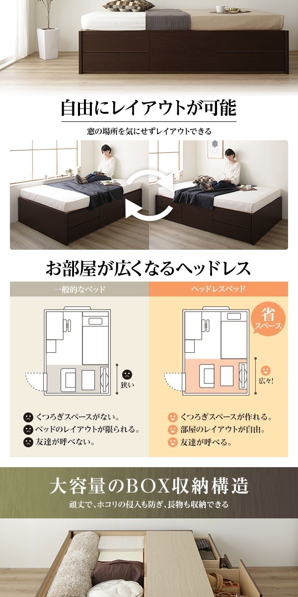 ヘッドレス 頑丈ボックス収納 ベッド ショート丈 セミシングル （フレームのみ） アイボリー 日本製 引き出し5杯