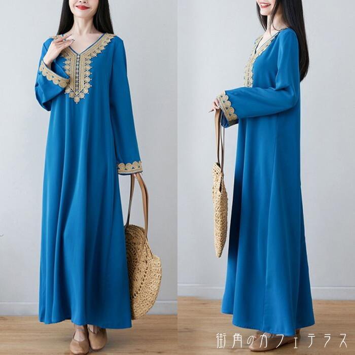 カフタン ワンピース レディース ワンピースドレス ロングワンピース ロング丈 マキシワンピース マキシ丈 長袖 Vネック 深Vネック フレア 刺繍 エスニック ボヘミアン 大人