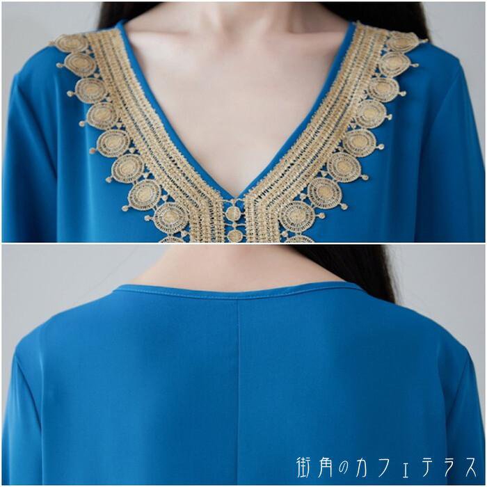 カフタン ワンピース レディース ワンピースドレス ロングワンピース ロング丈 マキシワンピース マキシ丈 長袖 Vネック 深Vネック フレア 刺繍 エスニック ボヘミアン 大人