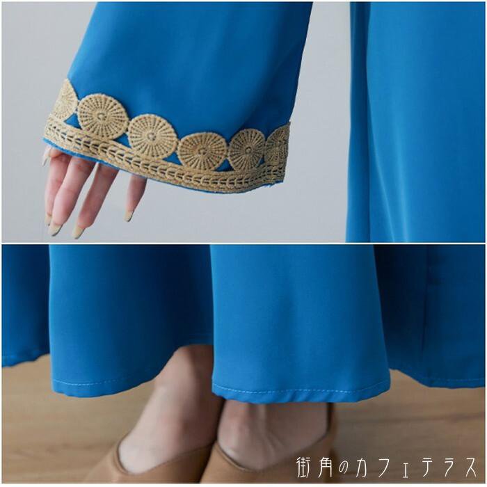 カフタン ワンピース レディース ワンピースドレス ロングワンピース ロング丈 マキシワンピース マキシ丈 長袖 Vネック 深Vネック フレア 刺繍 エスニック ボヘミアン 大人