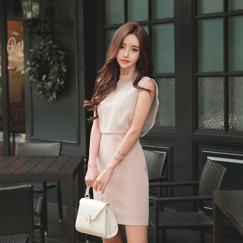 ワンピース レディース セットアップ風ワンピース フレンチスリーブ ショート丈 シフォン ドレス クルーネック 袖なし ひざ上丈 バックリボン ベージュ ワンピドレス 大人可愛い きれいめ 上品