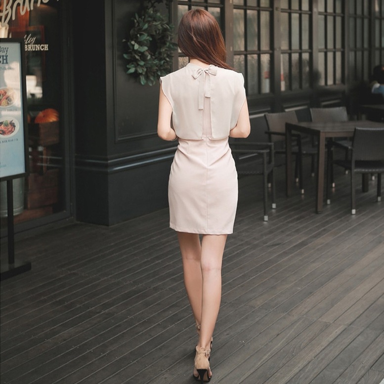 ワンピース レディース セットアップ風ワンピース フレンチスリーブ ショート丈 シフォン ドレス クルーネック 袖なし ひざ上丈 バックリボン ベージュ ワンピドレス 大人可愛い きれいめ 上品