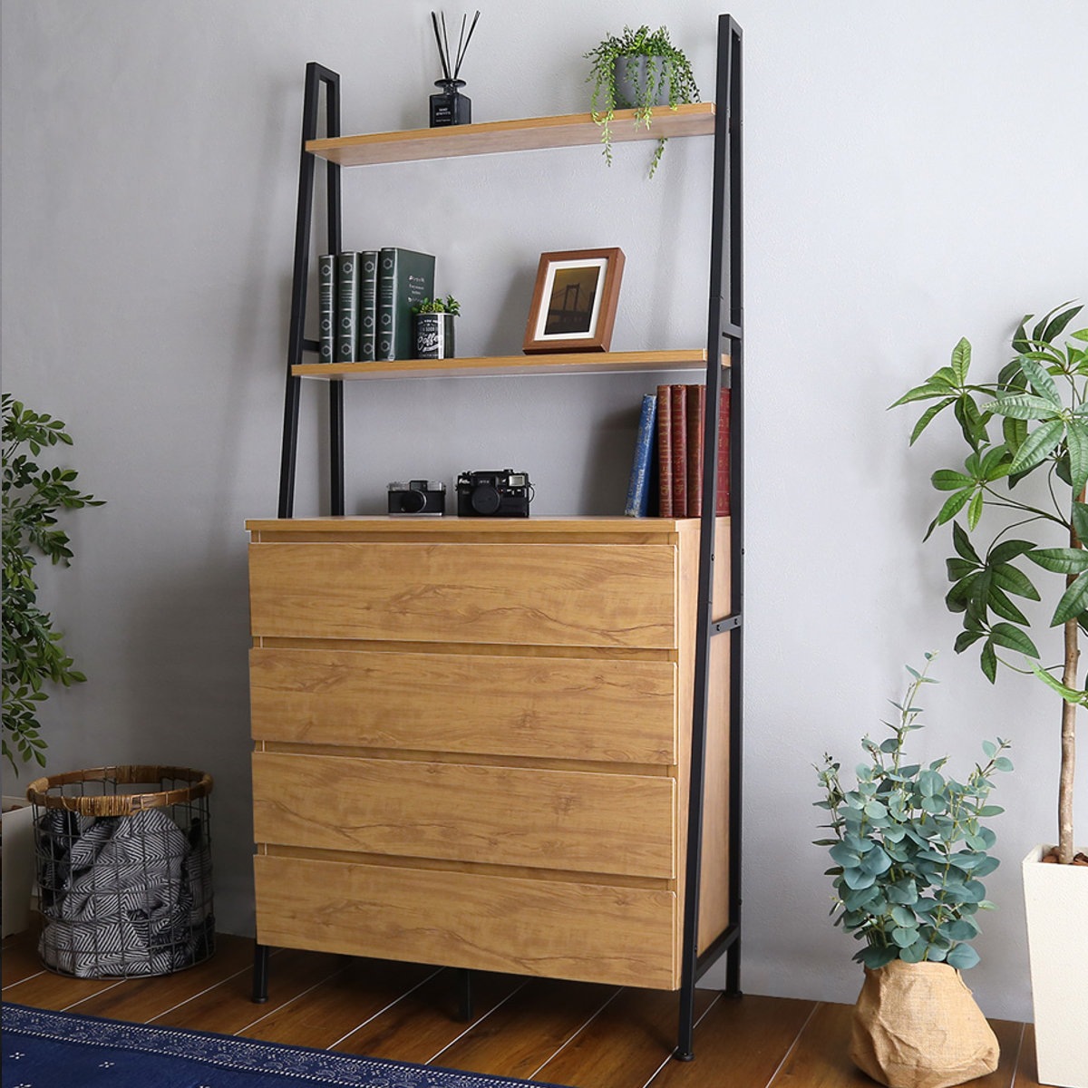 チェストラック 約幅82.5cm ヴィンテージ調 ワイドチェスト 4段 ラック 本棚 収納 家具 オープンラック リビング収納 リビング キャビネット ディスプレイラック 飾り棚 引き出し