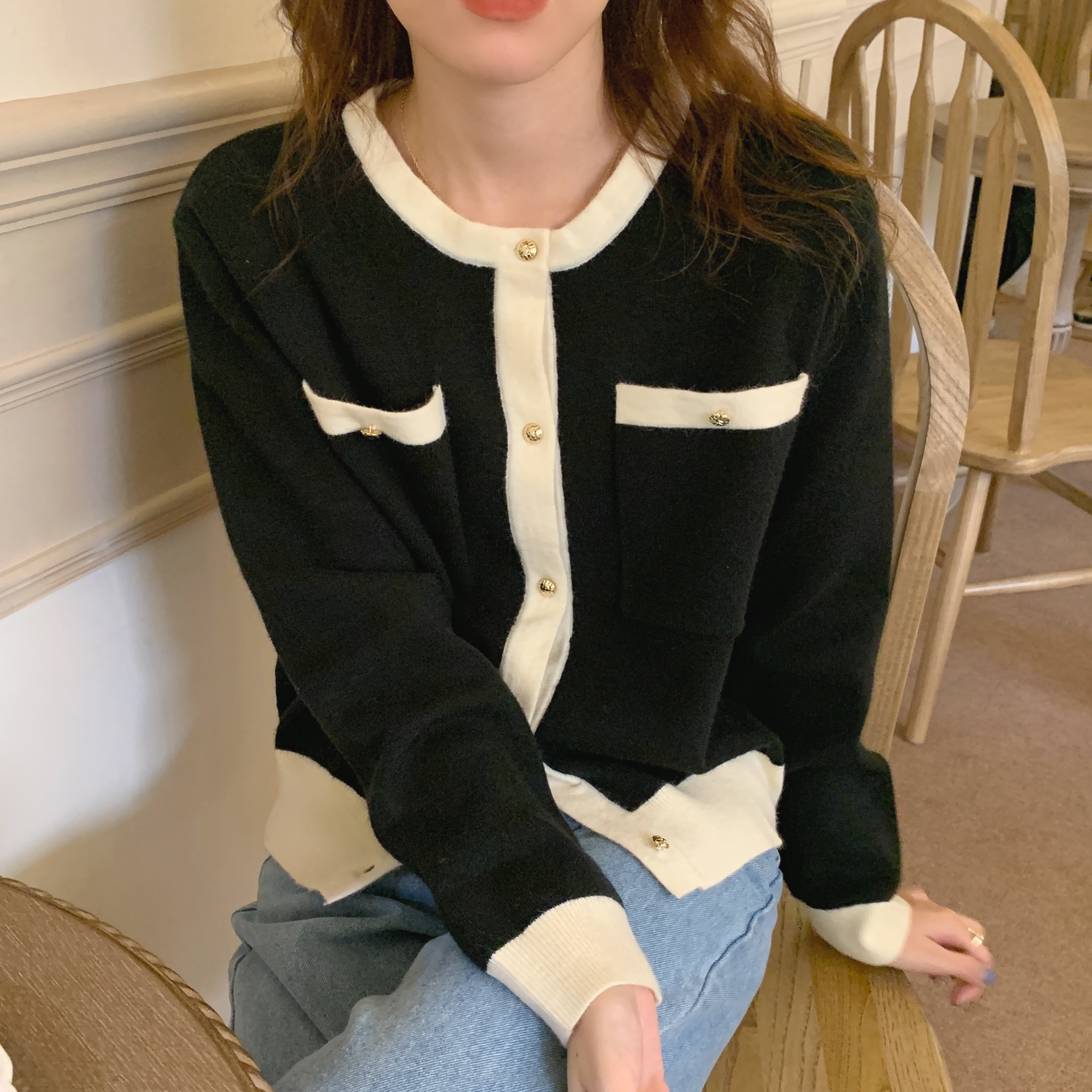 【送料無料】レディース 2カラー カーディガン ゴールドボタン バイカラー 長袖 大人可愛い