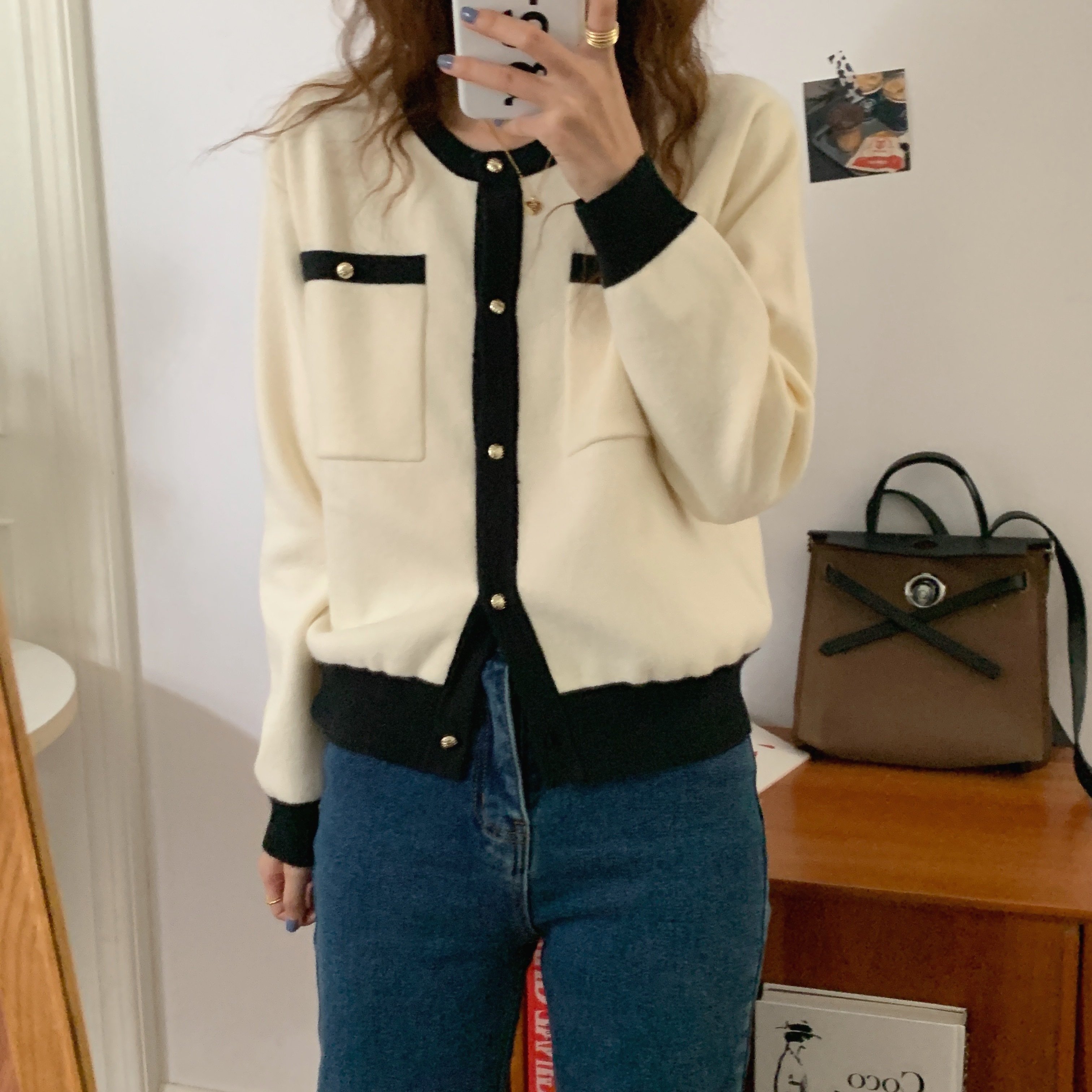 【送料無料】レディース 2カラー カーディガン ゴールドボタン バイカラー 長袖 大人可愛い