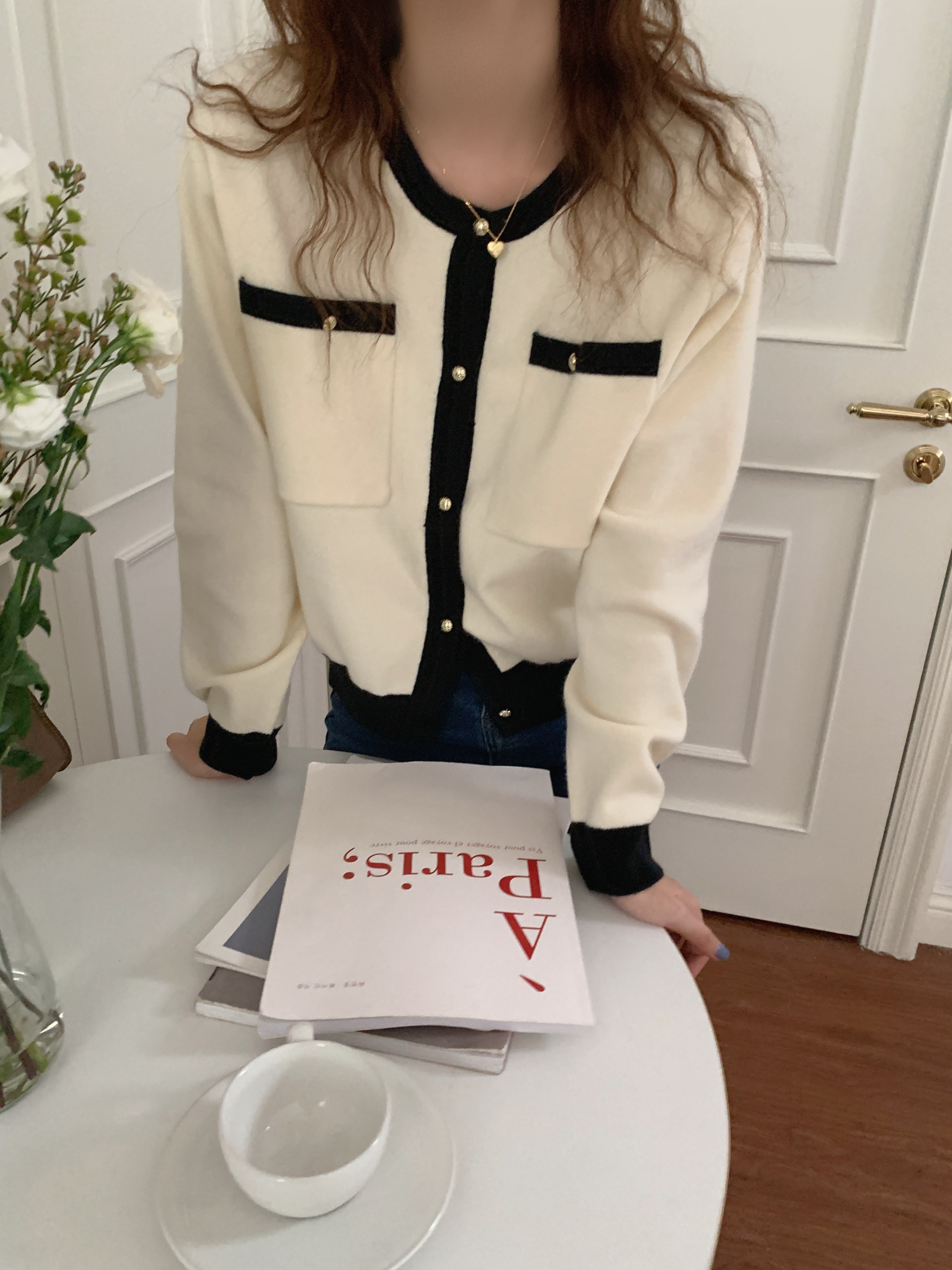 【送料無料】レディース 2カラー カーディガン ゴールドボタン バイカラー 長袖 大人可愛い