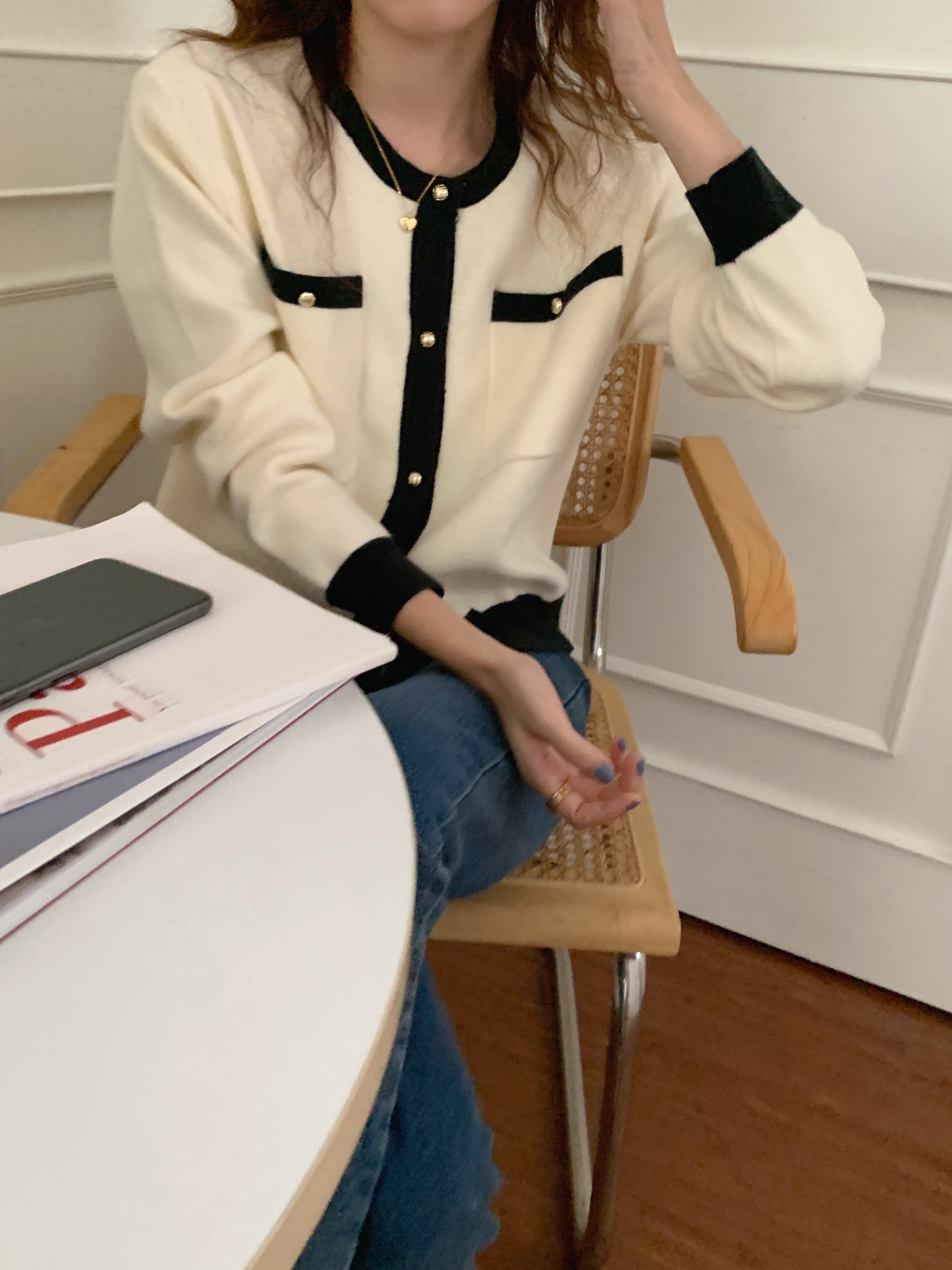 【送料無料】レディース 2カラー カーディガン ゴールドボタン バイカラー 長袖 大人可愛い