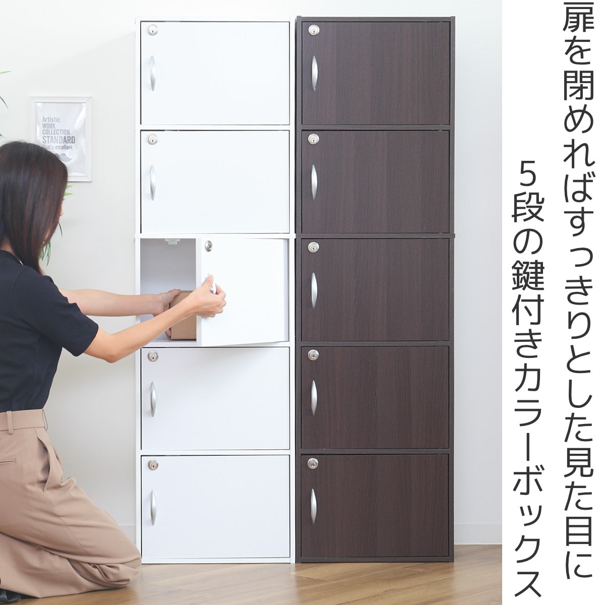 カラーボックス 5段 全段鍵付 幅42cm 収納 家具 鍵付き 棚 ロッカー BOX 本棚 扉付き 収納ボックス 収納棚 ホワイト ブラウン