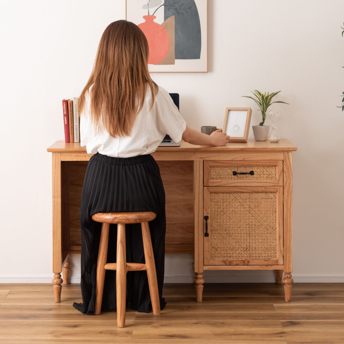 デスク シンプル 幅112cm 引出し付 ラタン 机 パソコンデスク オフィスデスク 籐 籐編み 籐製 かごめ 収納 木製 ナチュラル おしゃれ 完成品 天然素材
