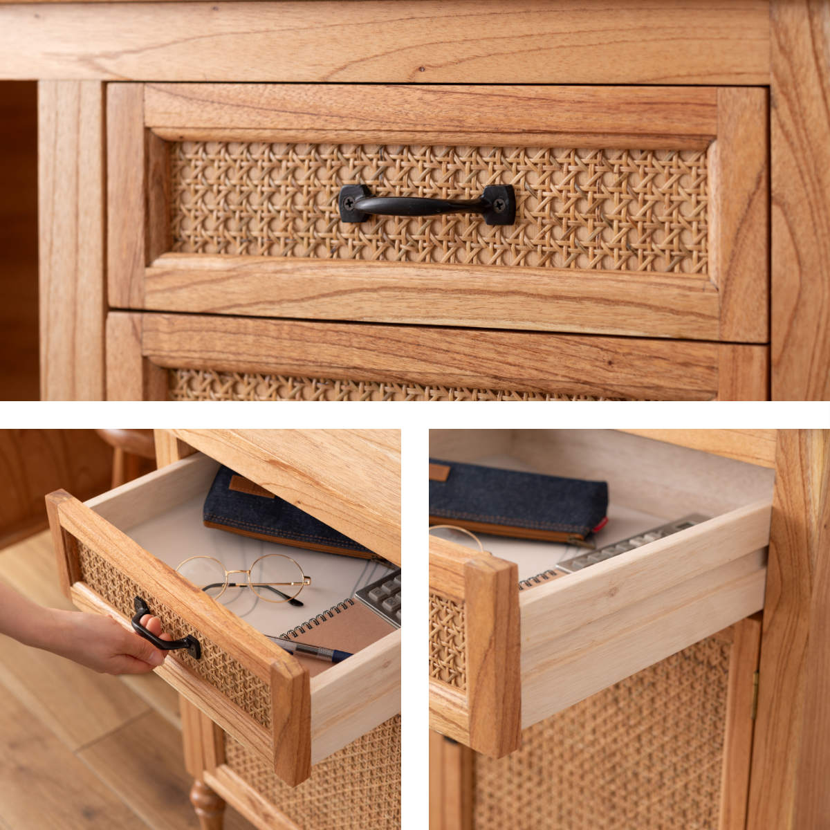 デスク シンプル 幅112cm 引出し付 ラタン 机 パソコンデスク オフィスデスク 籐 籐編み 籐製 かごめ 収納 木製 ナチュラル おしゃれ 完成品 天然素材