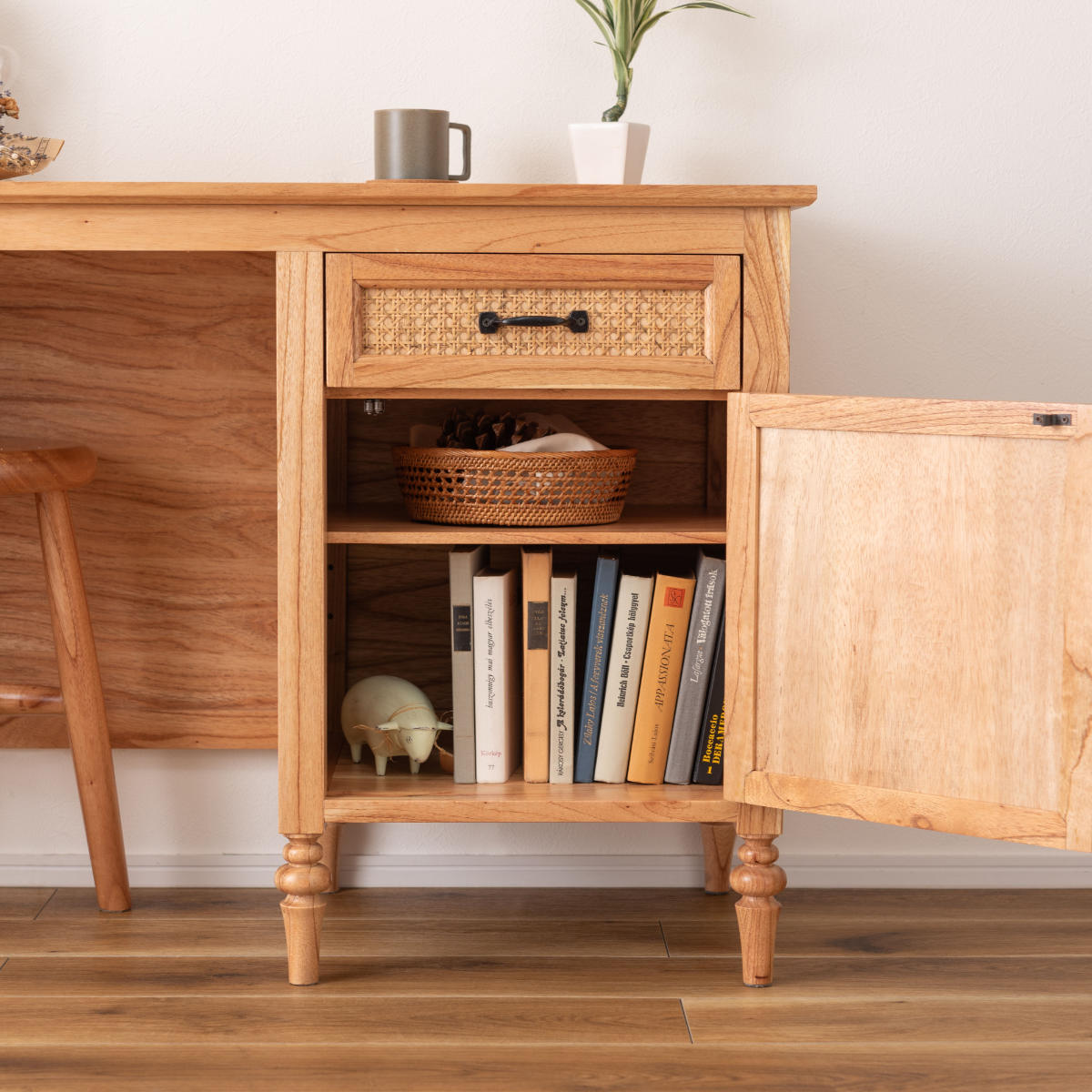 デスク シンプル 幅112cm 引出し付 ラタン 机 パソコンデスク オフィスデスク 籐 籐編み 籐製 かごめ 収納 木製 ナチュラル おしゃれ 完成品 天然素材