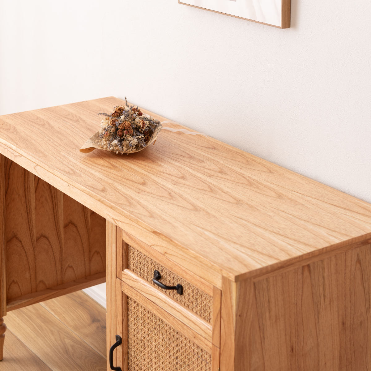 デスク シンプル 幅112cm 引出し付 ラタン 机 パソコンデスク オフィスデスク 籐 籐編み 籐製 かごめ 収納 木製 ナチュラル おしゃれ 完成品 天然素材