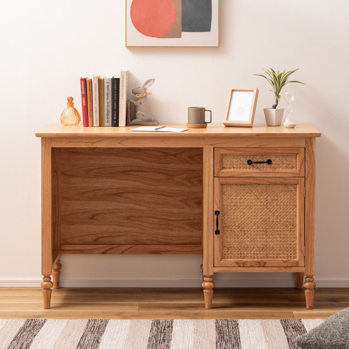 デスク シンプル 幅112cm 引出し付 ラタン 机 パソコンデスク オフィスデスク 籐 籐編み 籐製 かごめ 収納 木製 ナチュラル おしゃれ 完成品 天然素材