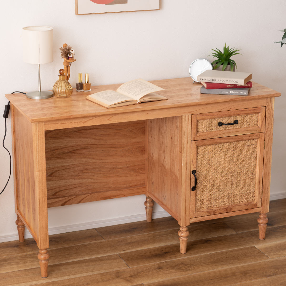 デスク シンプル 幅112cm 引出し付 ラタン 机 パソコンデスク オフィスデスク 籐 籐編み 籐製 かごめ 収納 木製 ナチュラル おしゃれ 完成品 天然素材