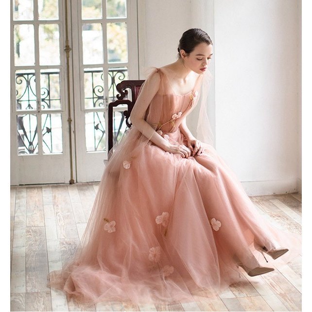 ウエディングドレス カラー ピアノ演奏会 袖あり 豪華 ロングドレス