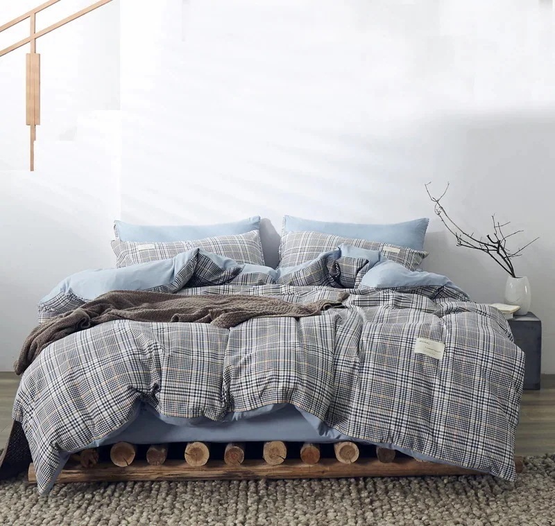【急速出荷!】今の流行製 シンプル ベッド 4点セット チェック柄 掛け布団カバー ドミトリー ベッドシーツ 3点セット シングル ベッドシーツ