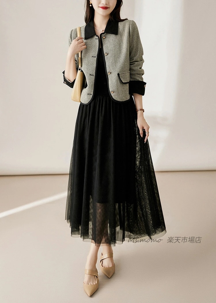 ツイードジャケット レディース 40代 長袖ノーカラージャケット ショット丈ツイードコート 春コートアウター 秋服 大人韓国風 通勤OL オフィス 結婚式 入学式