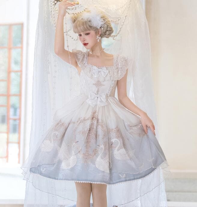 ワンピース ロリータ ドレス ゴシック＆ロリータ服 ゴスロリ ロリータドレス お姫様 フリル プリンセス ドレス ストラップ ジャンパースカート 膝丈 レース チュール リボン 白鳥 可愛い キュート