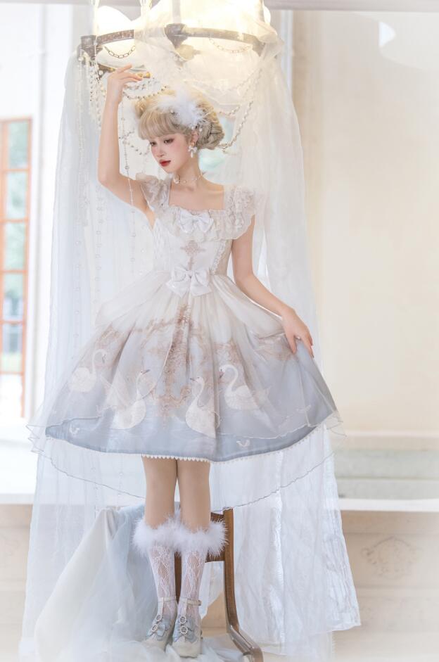 ワンピース ロリータ ドレス ゴシック＆ロリータ服 ゴスロリ ロリータドレス お姫様 フリル プリンセス ドレス ストラップ ジャンパースカート 膝丈 レース チュール リボン 白鳥 可愛い キュート