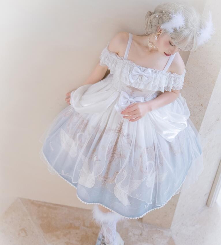 ワンピース ロリータ ドレス ゴシック＆ロリータ服 ゴスロリ ロリータドレス お姫様 フリル プリンセス ドレス ストラップ ジャンパースカート 膝丈 レース チュール リボン 白鳥 可愛い キュート