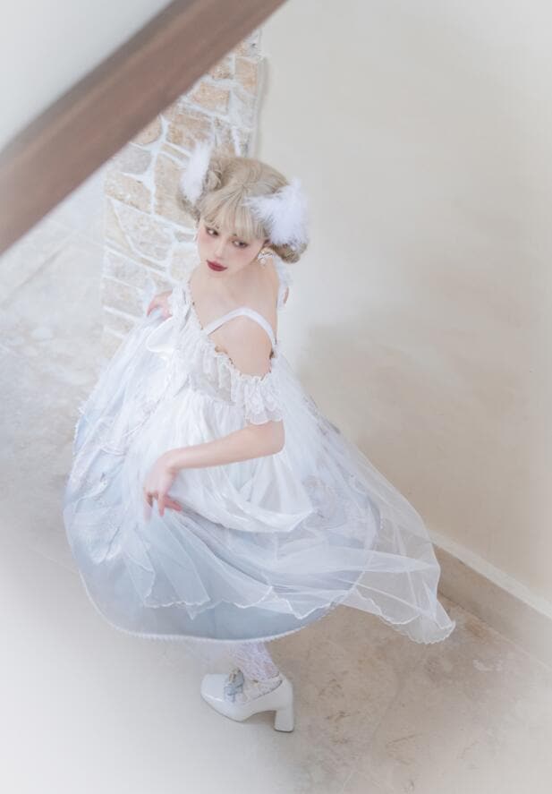 ワンピース ロリータ ドレス ゴシック＆ロリータ服 ゴスロリ ロリータドレス お姫様 フリル プリンセス ドレス ストラップ ジャンパースカート 膝丈 レース チュール リボン 白鳥 可愛い キュート
