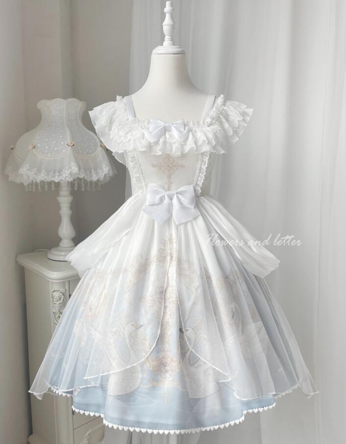 ワンピース ロリータ ドレス ゴシック＆ロリータ服 ゴスロリ ロリータドレス お姫様 フリル プリンセス ドレス ストラップ ジャンパースカート 膝丈 レース チュール リボン 白鳥 可愛い キュート