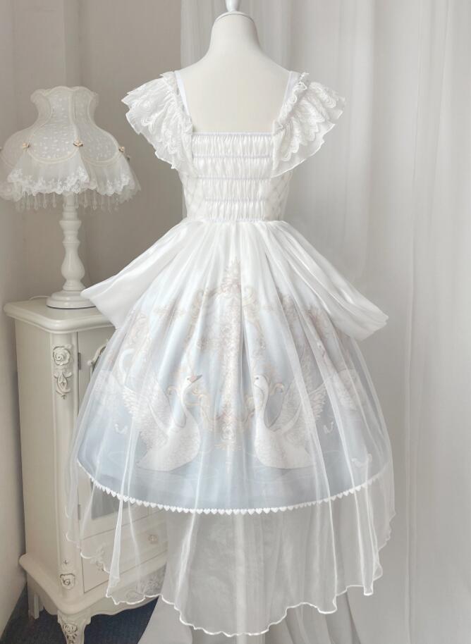 ワンピース ロリータ ドレス ゴシック＆ロリータ服 ゴスロリ ロリータドレス お姫様 フリル プリンセス ドレス ストラップ ジャンパースカート 膝丈 レース チュール リボン 白鳥 可愛い キュート