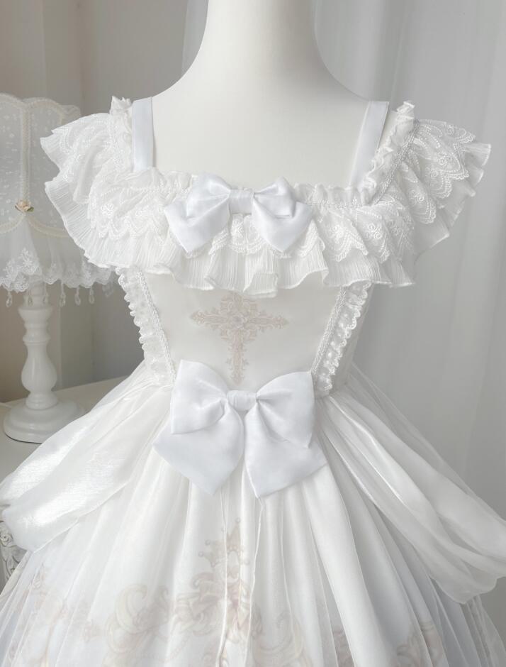 ワンピース ロリータ ドレス ゴシック＆ロリータ服 ゴスロリ ロリータドレス お姫様 フリル プリンセス ドレス ストラップ ジャンパースカート 膝丈 レース チュール リボン 白鳥 可愛い キュート